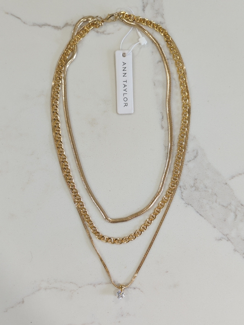 Ann Taylor Triple Strand Gold Necklace with Diamond Shape Crystal Pendant